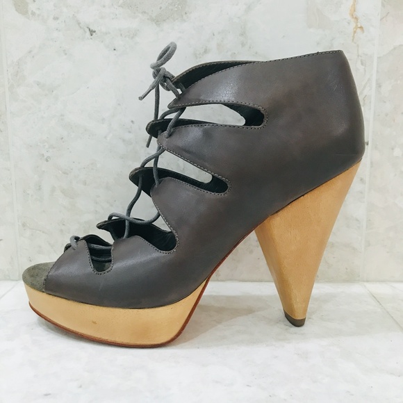 LOEFFLER RANDALL {10} Pumps Lace-Up Gray Leather Wood Heel Platform - Picture 3 of 10